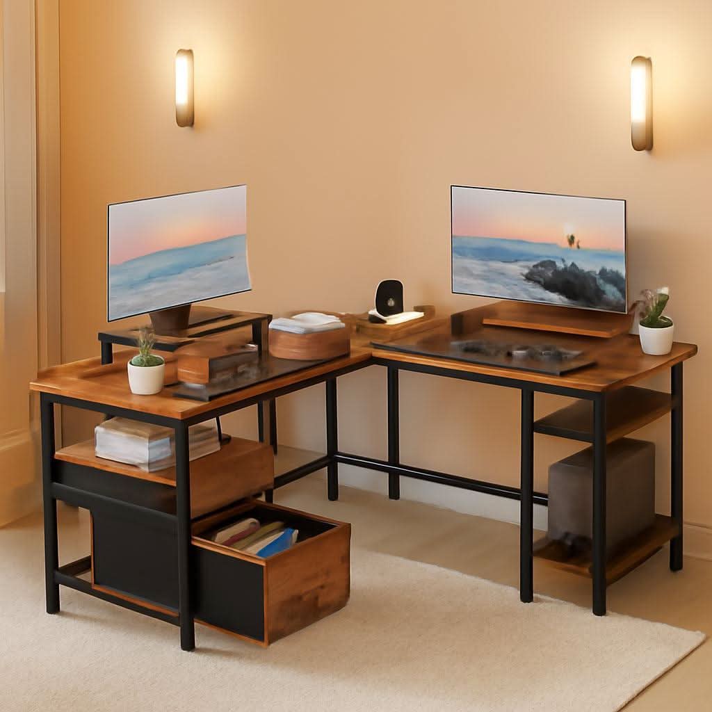 59-Inch L-Shaped Desk with Power Outlet and Shelves