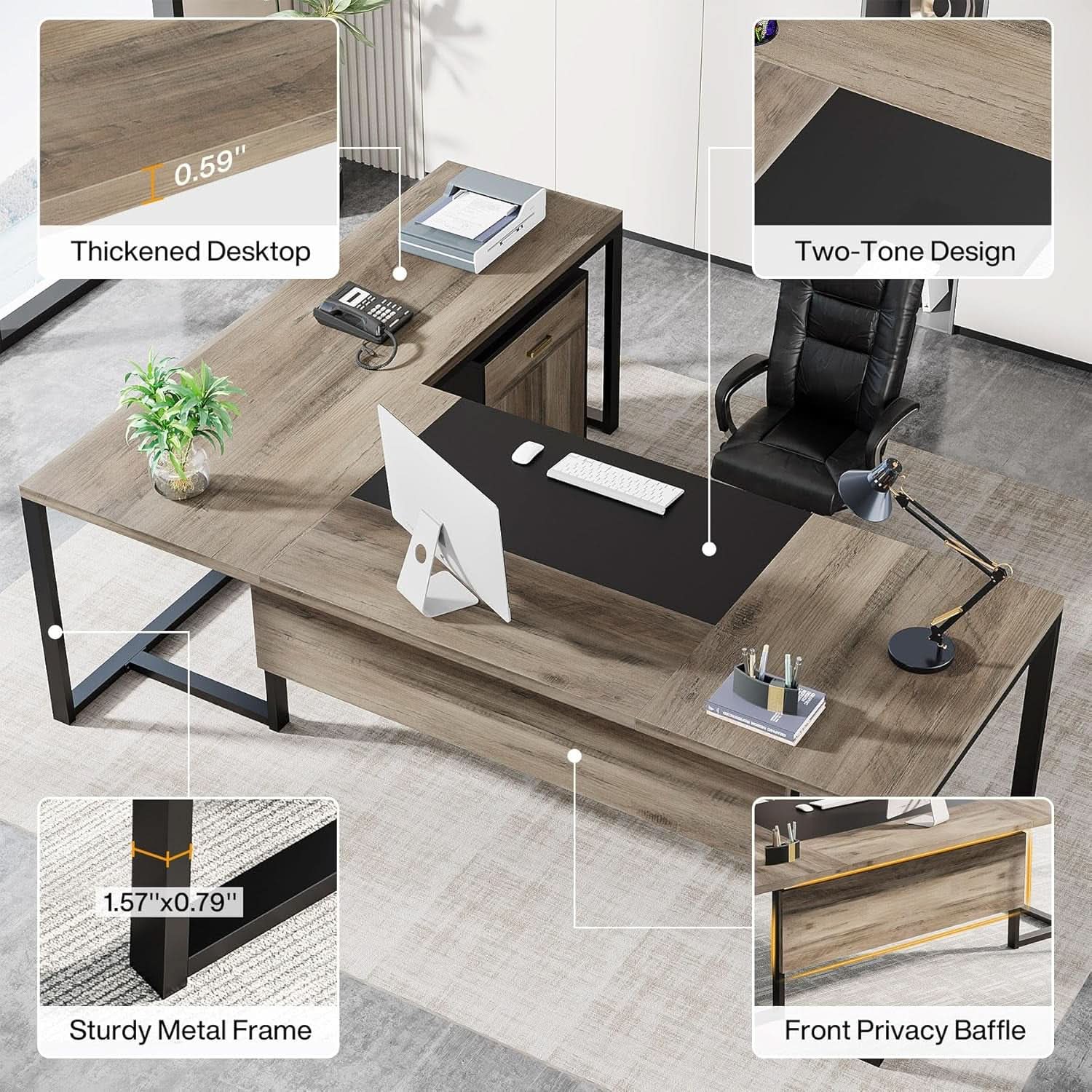 Extra-Large L-Shaped Executive Desk in Retro Gray