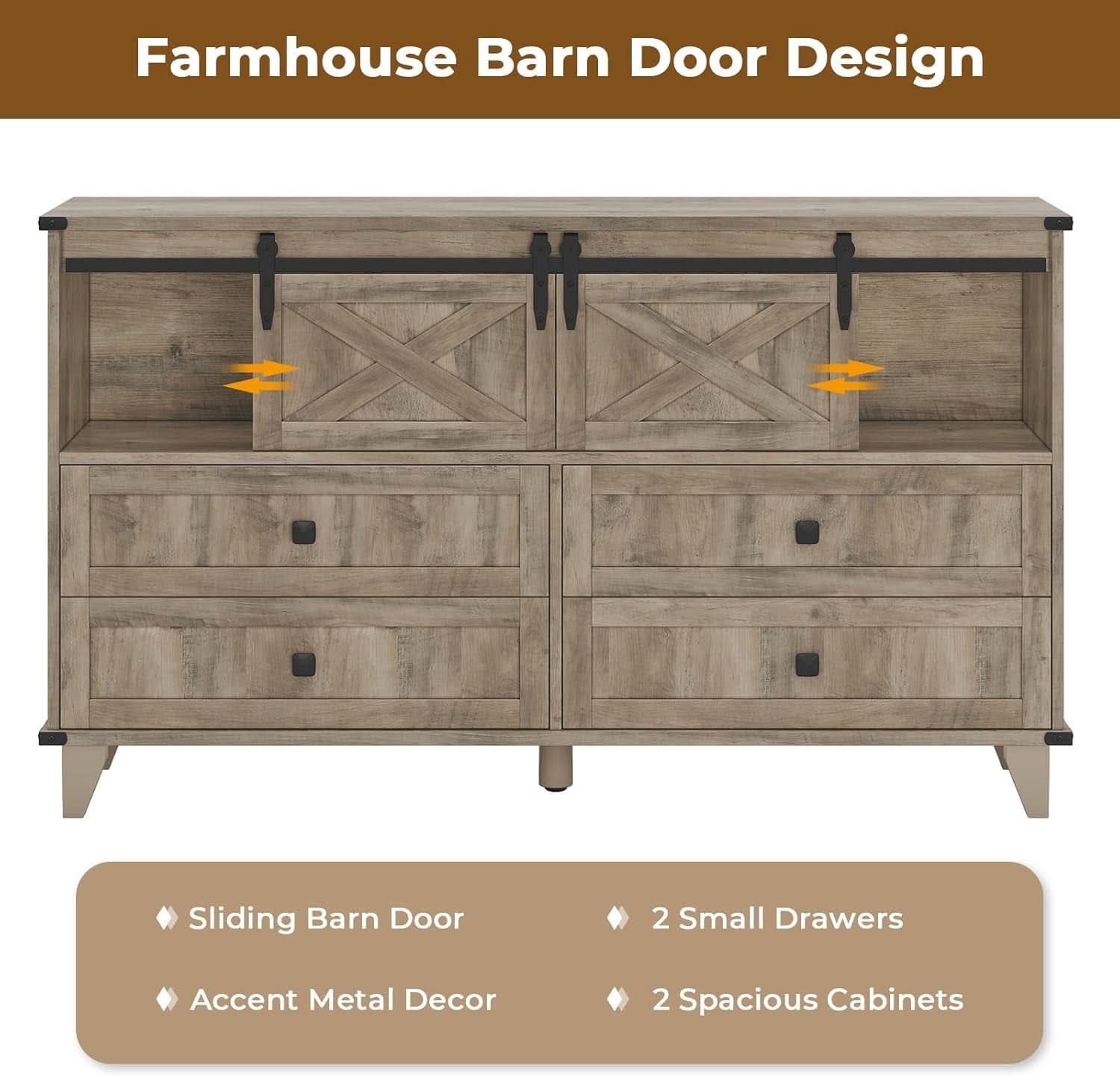 Six Drawer Dresser Rustic Oakwood Sliding BarnDoor