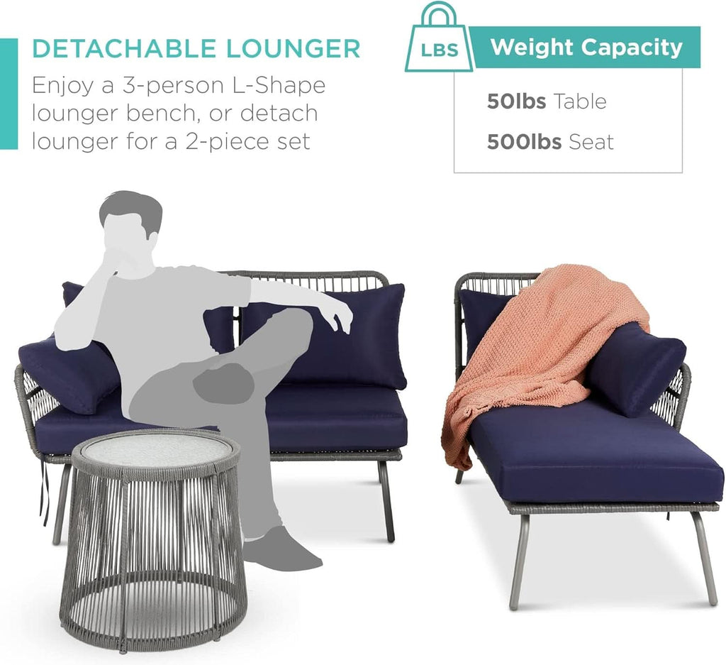 Outdoor Rope Woven Sectional Sofa Gray Navy Cushions