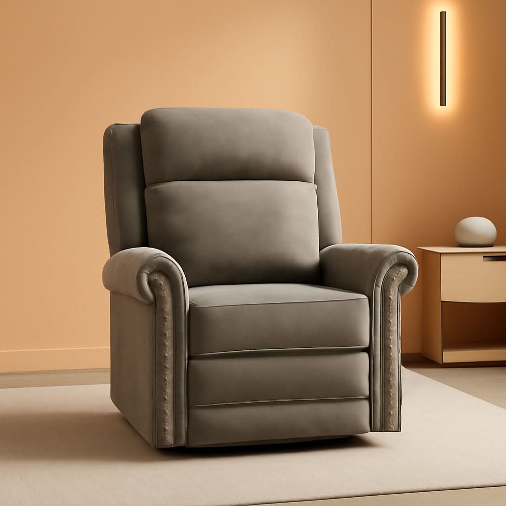 Light Brown Velvet Swivel Rocker Recliner Nailhead Trim