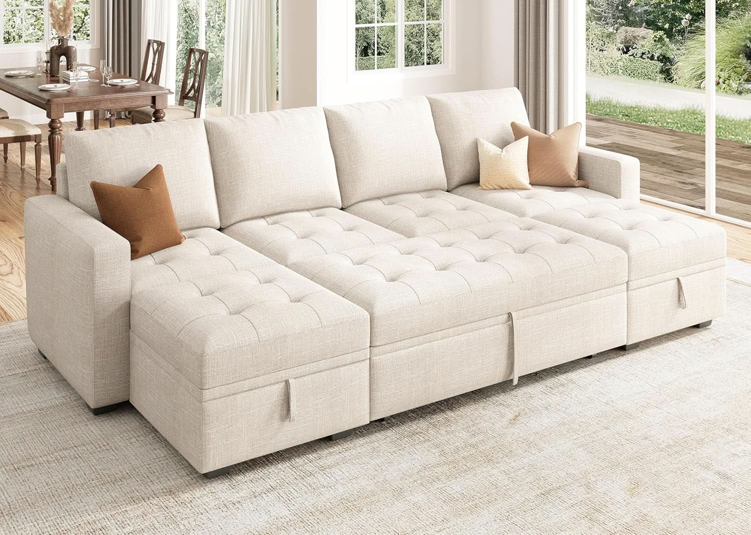 Beige Modular Sleeper Sectional Sofa with Storage