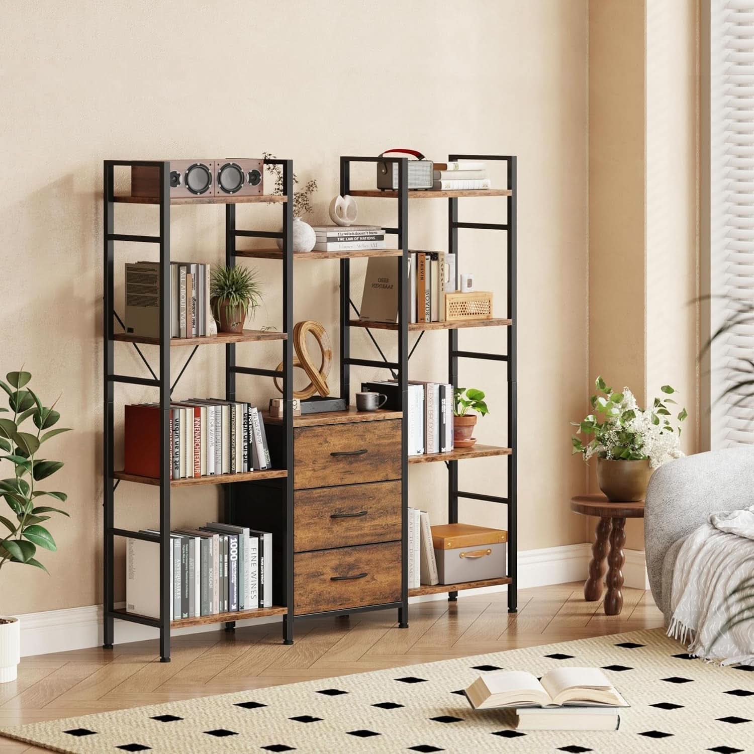 Rustic Brown Triple Bookshelf With Drawers 47 Inch Wide