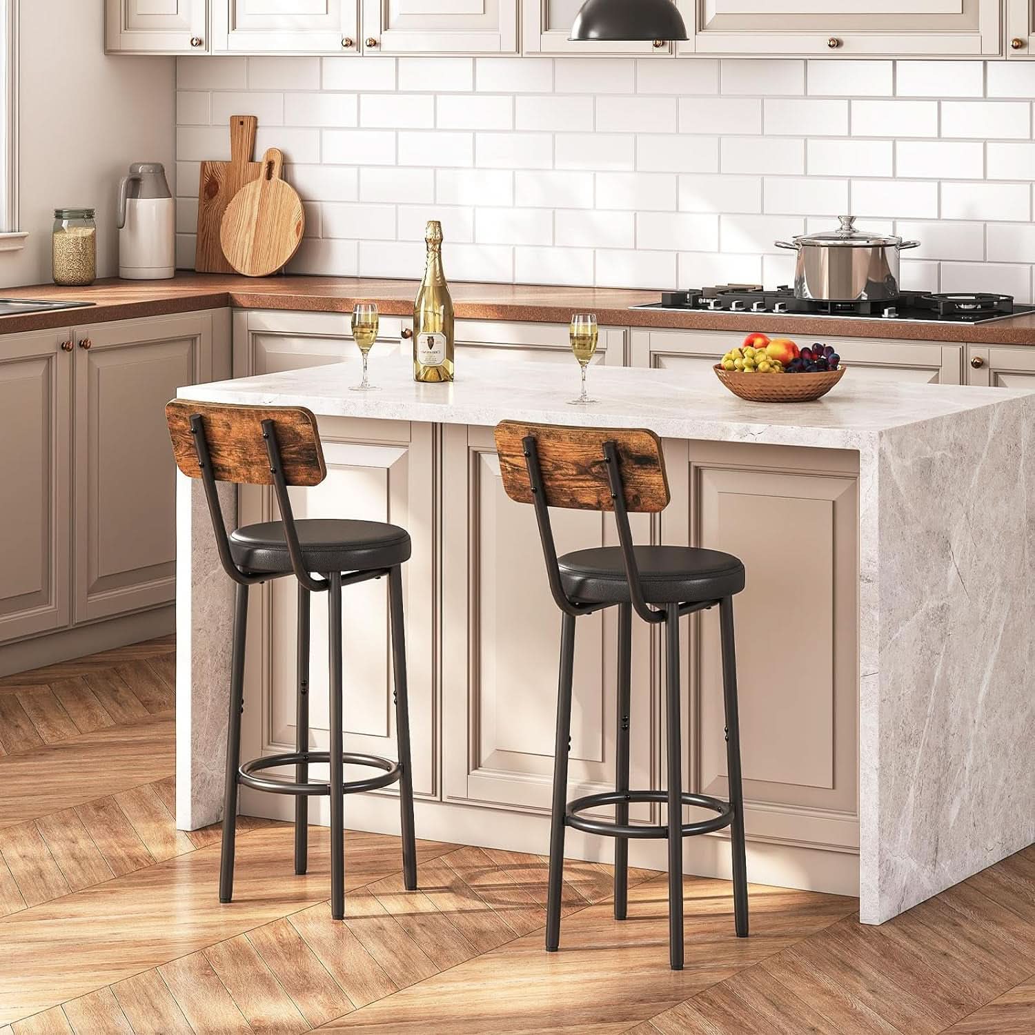 Rustic Brown PU Bar Stools Set of 2 26 Inch With Footrest