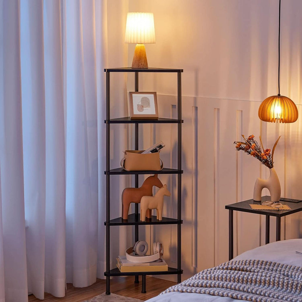 Industrial 5 Tier Corner Shelf Stand Black Metal Frame