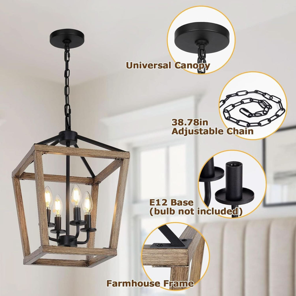 4 Light Farmhouse Chandelier With Rustic Wood Cage Light