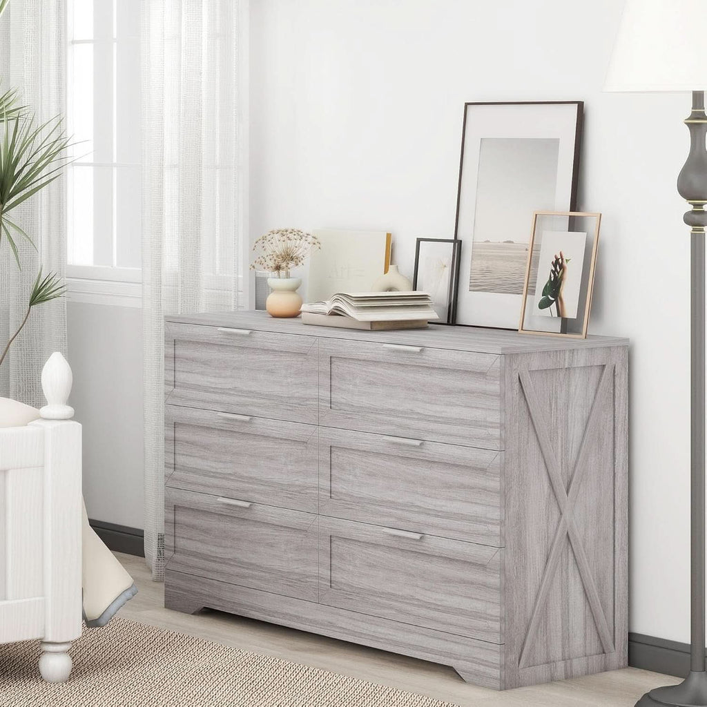Wash Grey Six Drawer Contemporary Hardwood Dresser