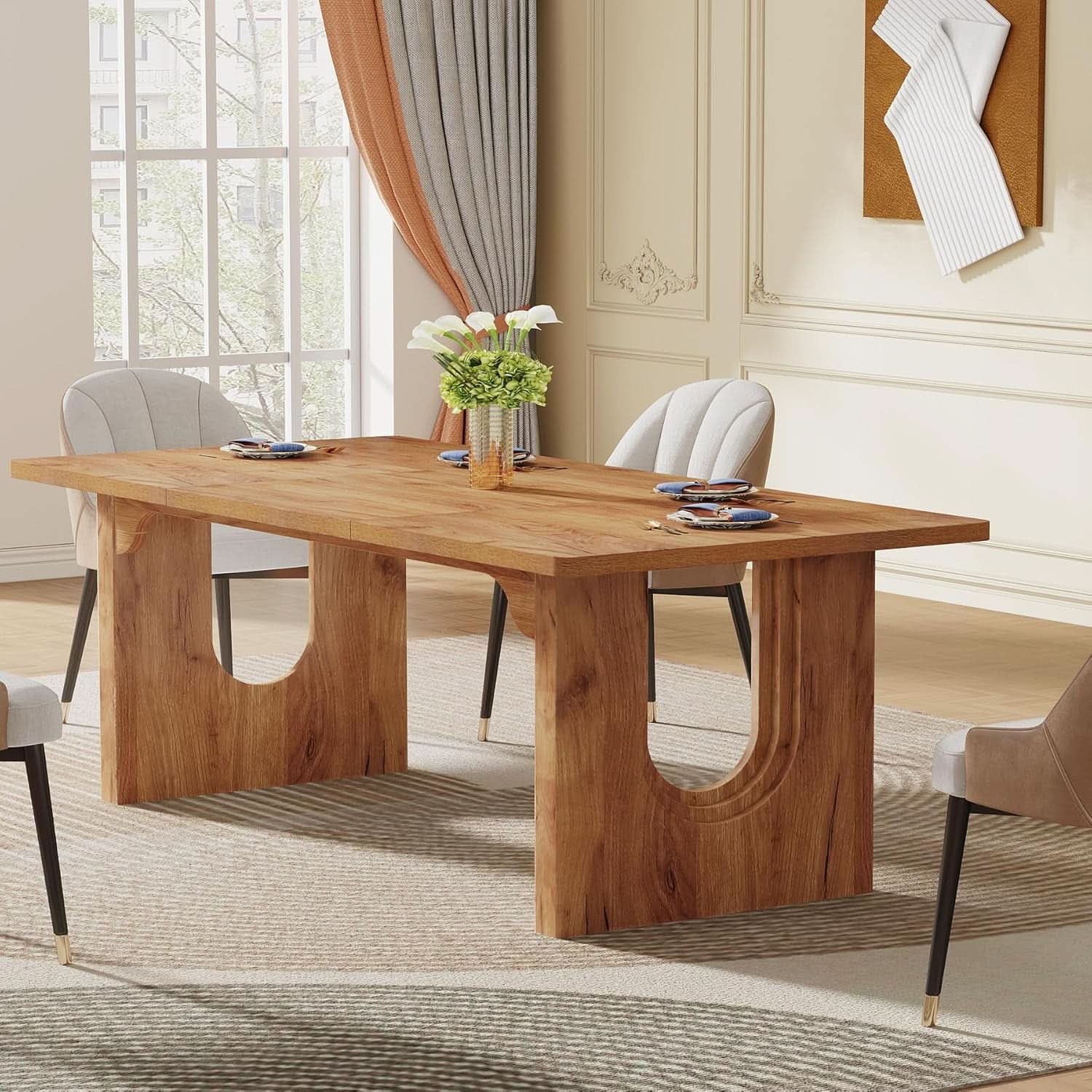 Dining Table 71 Inch Rustic Brown With Wood Pedestal