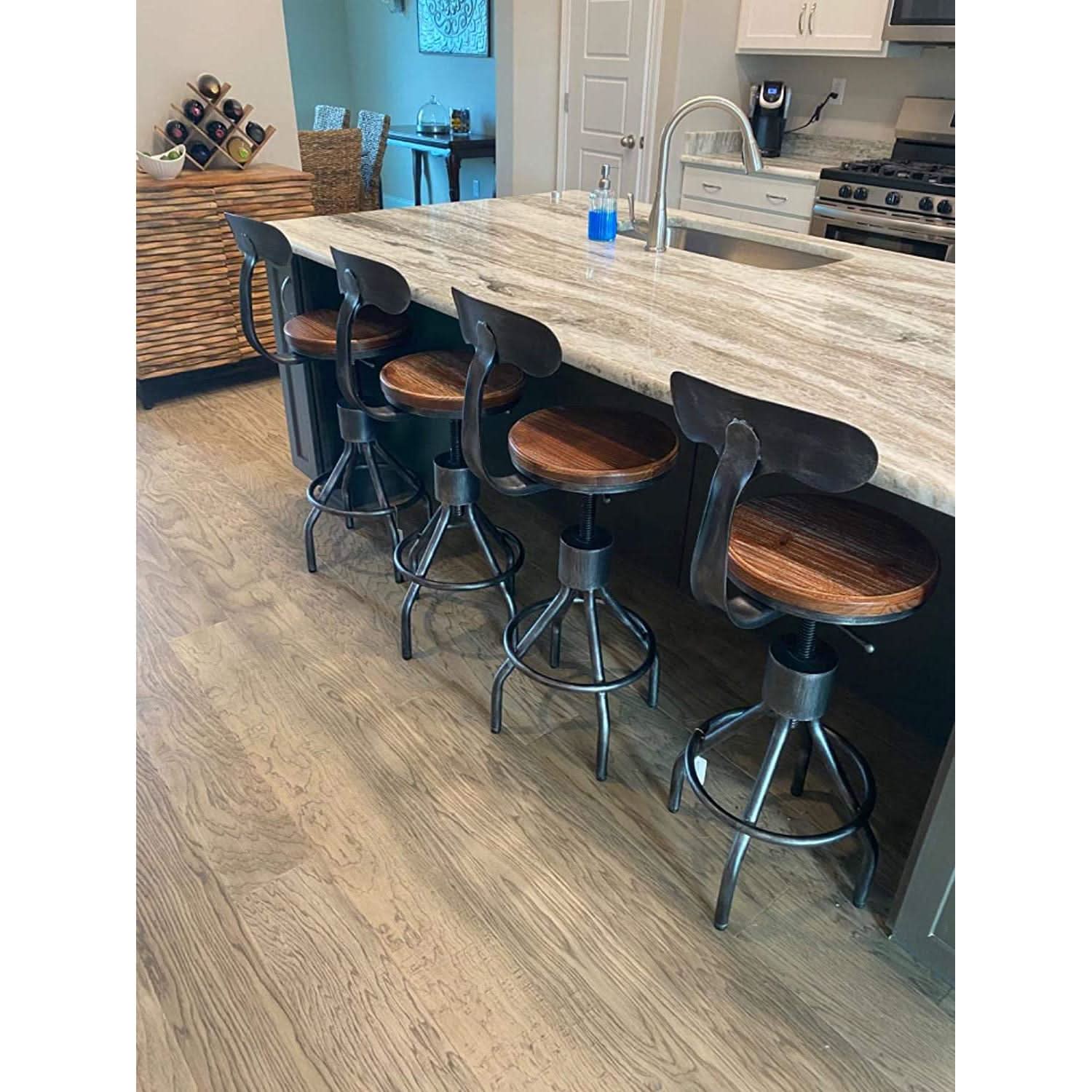 Adjustable Rustic Industrial Bar Stool Brown Seat Set of 2