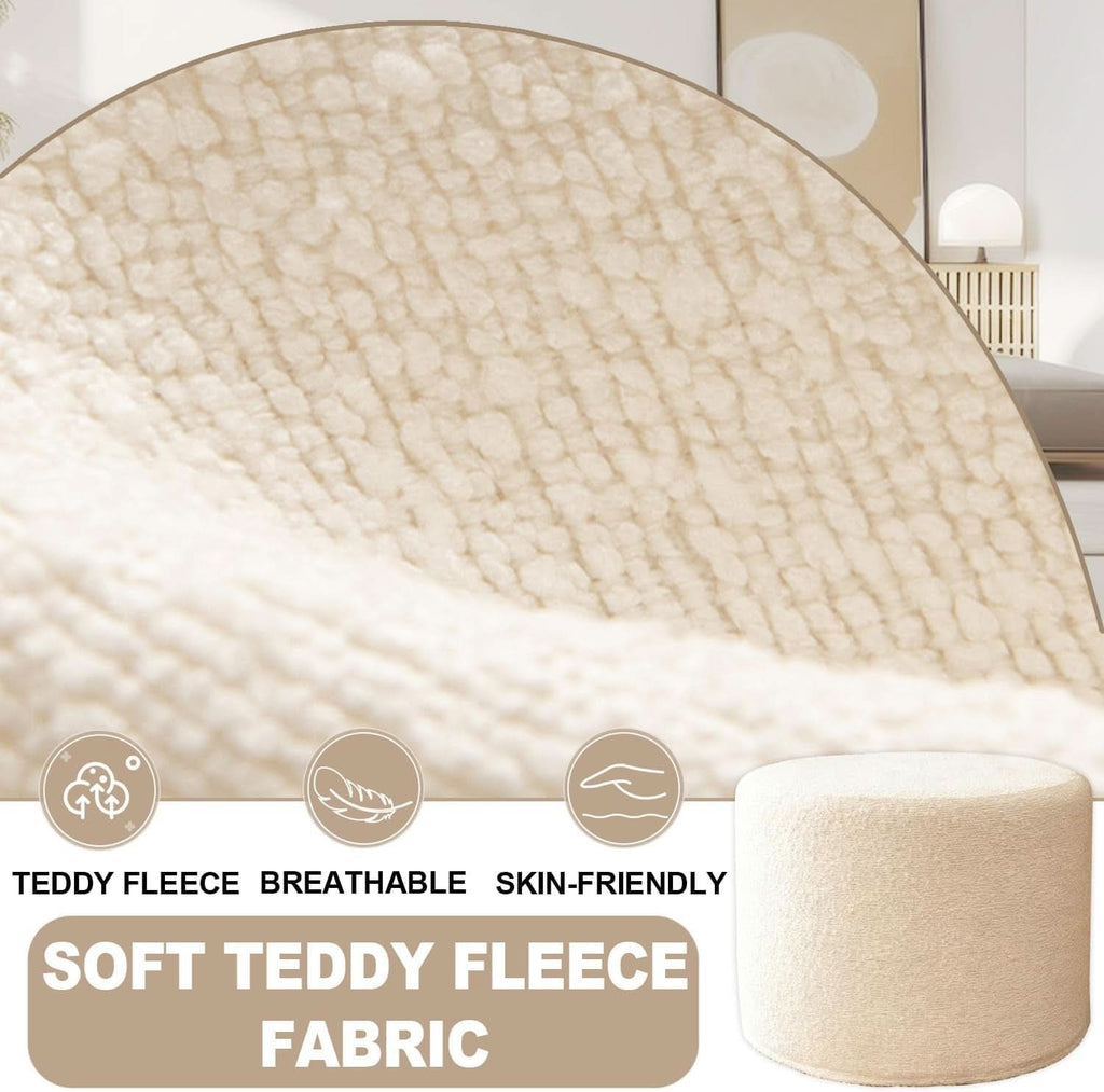 Round Ottoman Foot Rest 17x17x14 White Boucle Fabric