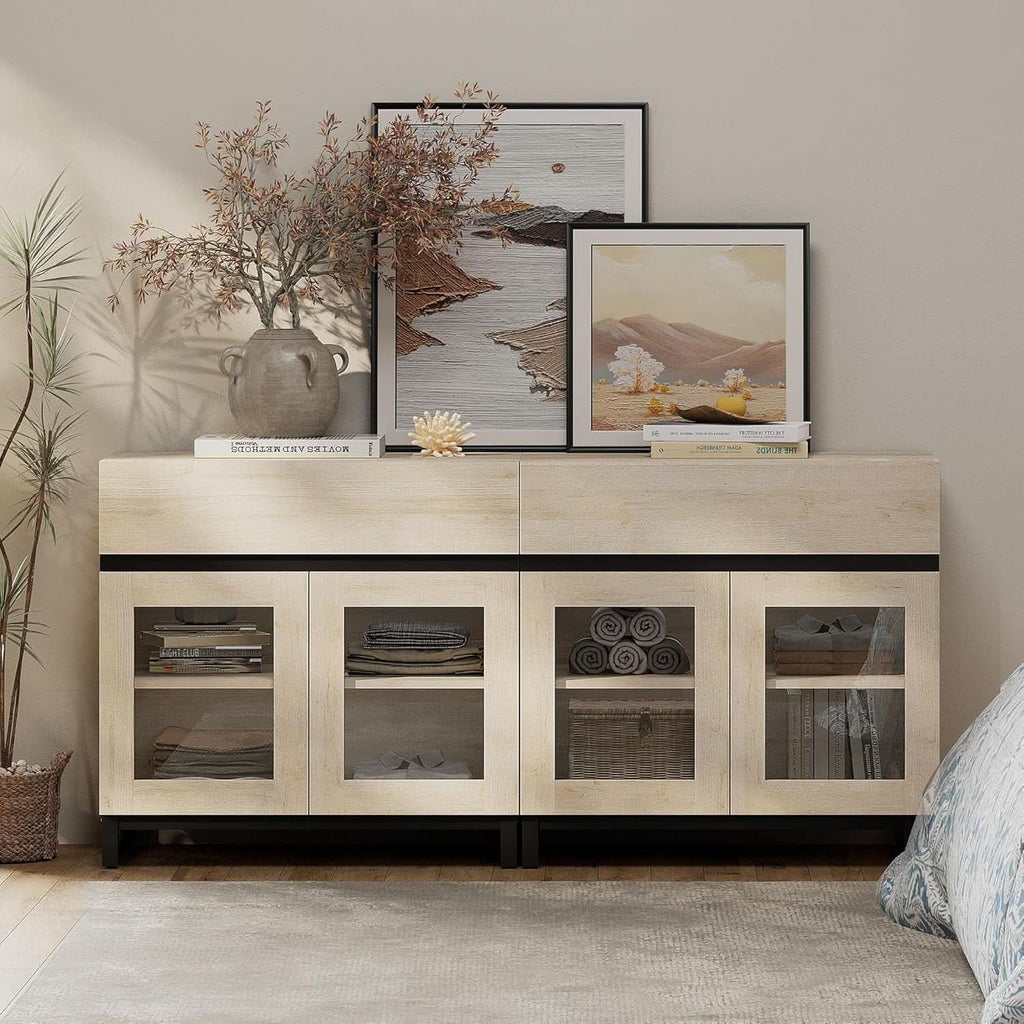 Oak Sideboard Buffet With Glass Doors Light Finish