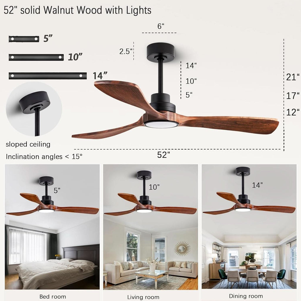 52 Inch Solid Wood Ceiling Fan With Light And Remote