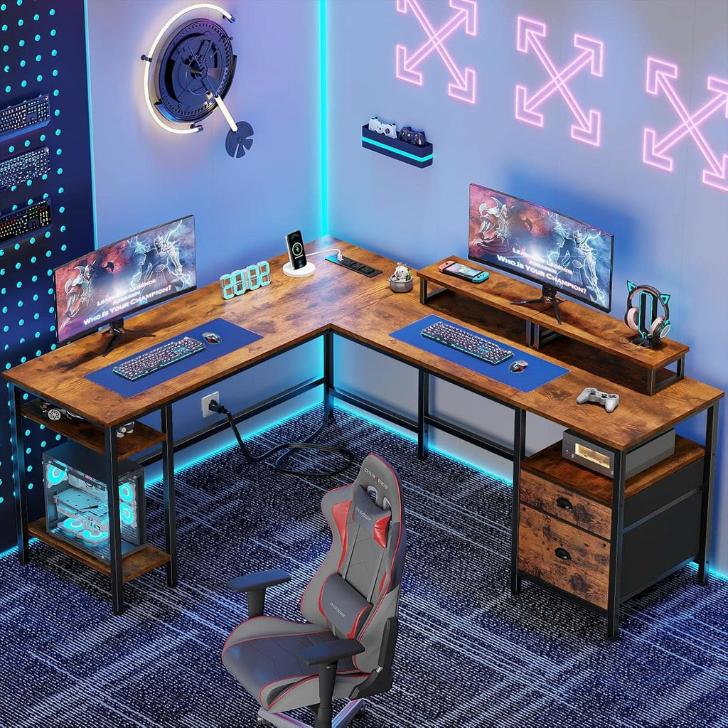 59-Inch L-Shaped Desk with Power Outlet and Shelves