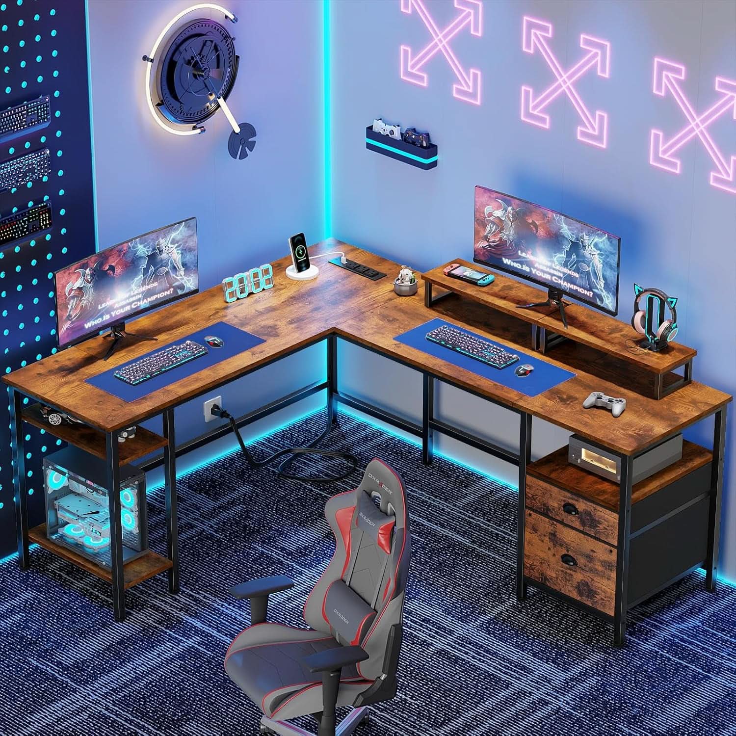 59-Inch L-Shaped Desk with Power Outlet and Shelves