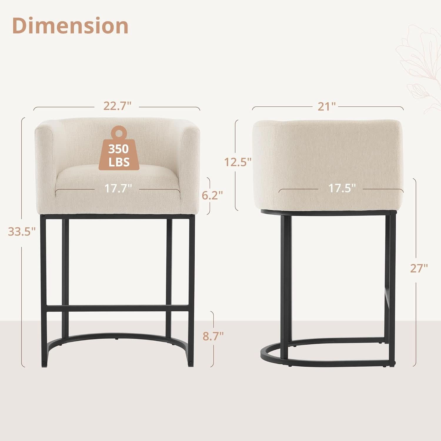 27 Inch Counter Height Bar Stool With Backrest And Armrests, Linen Upholstery, Black Metal Frame