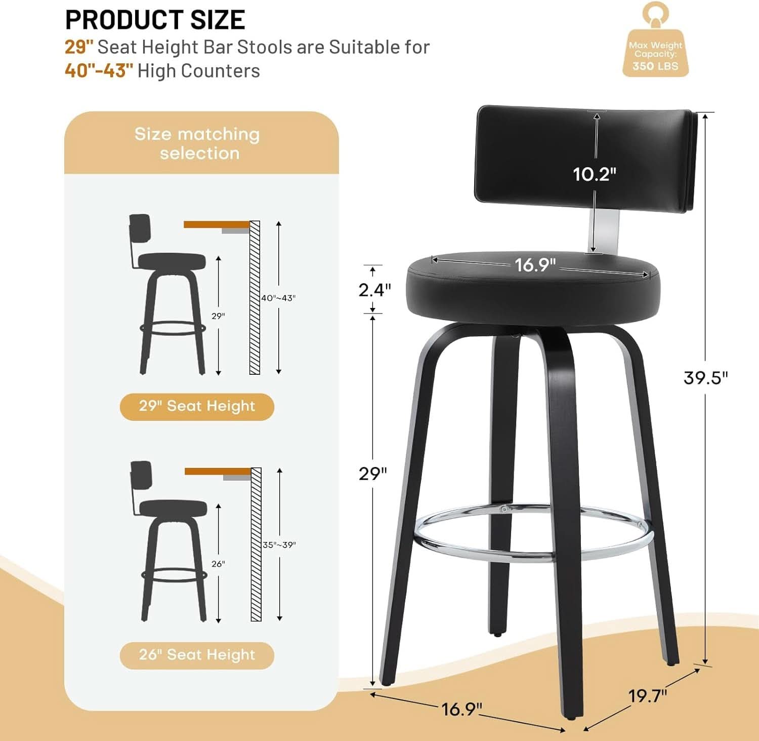 29 Inch Counter Height Black Faux Leather Swivel Bar Stools With Back Set Of 3