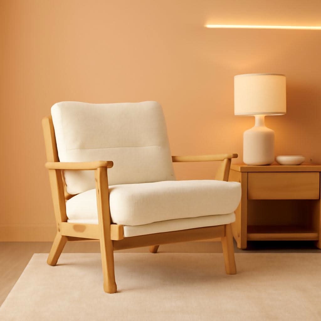 Solid Wood Armchair Khaki Teddy Velvet Upholstery With Pillow