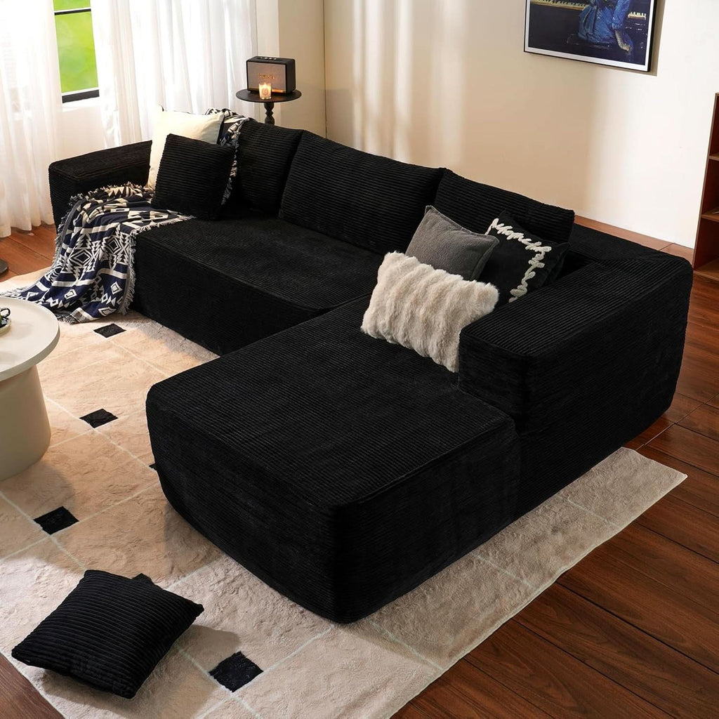 Black Corduroy L-Shaped Sectional Sofa