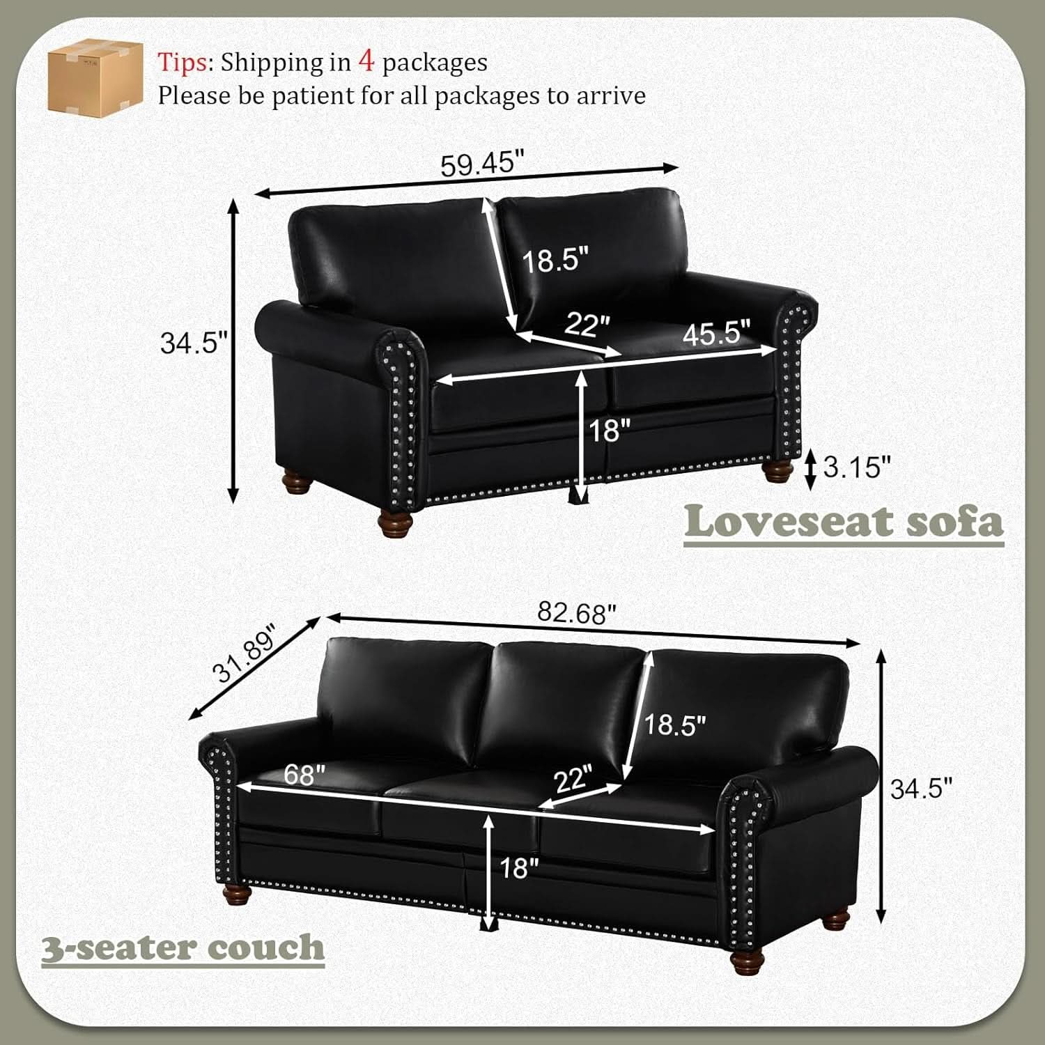 Two Piece Upholstered PU Leather Sofa Set With Hidden Storage Black Mid Century Modern