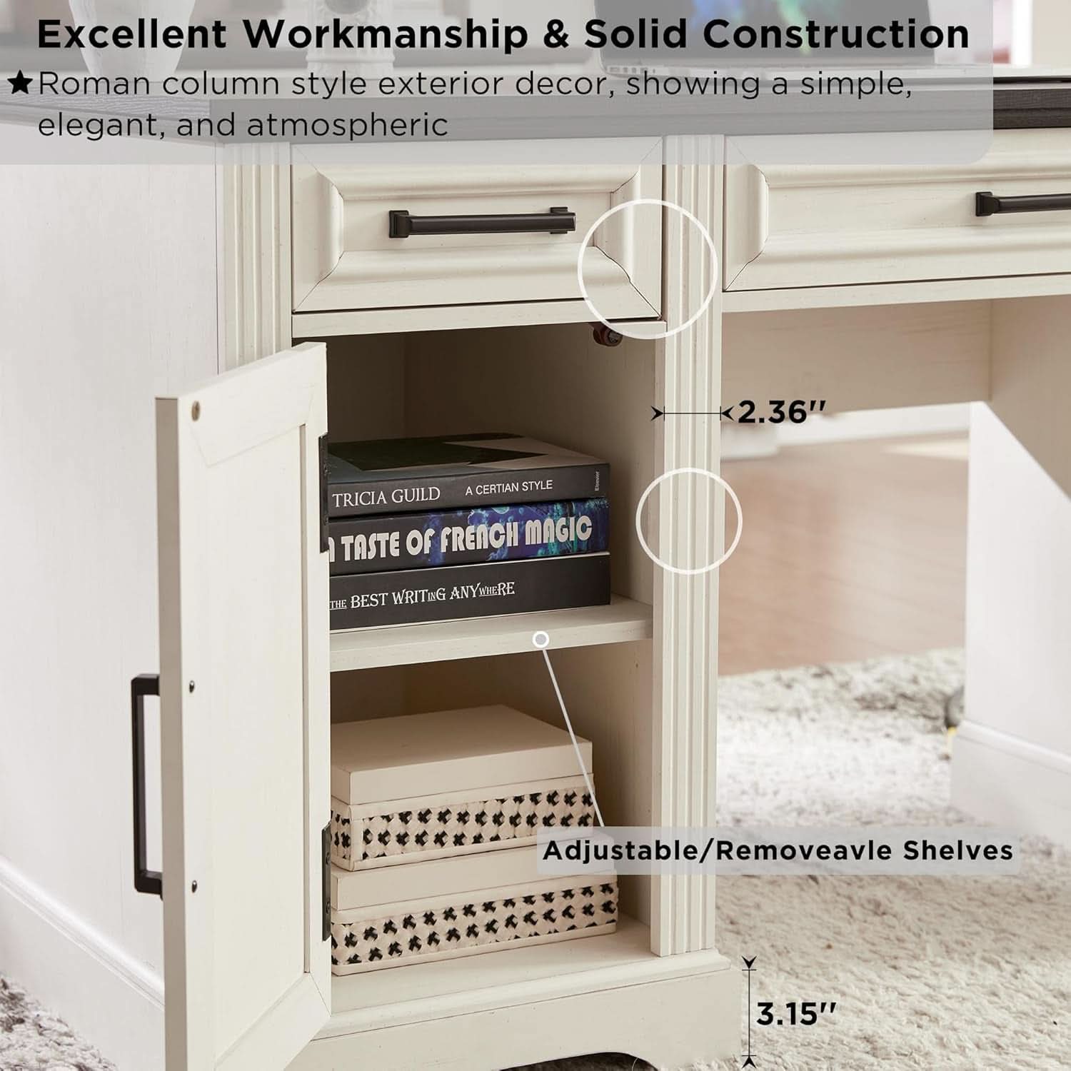 76-Inch Farmhouse Desk Hutch in Off White