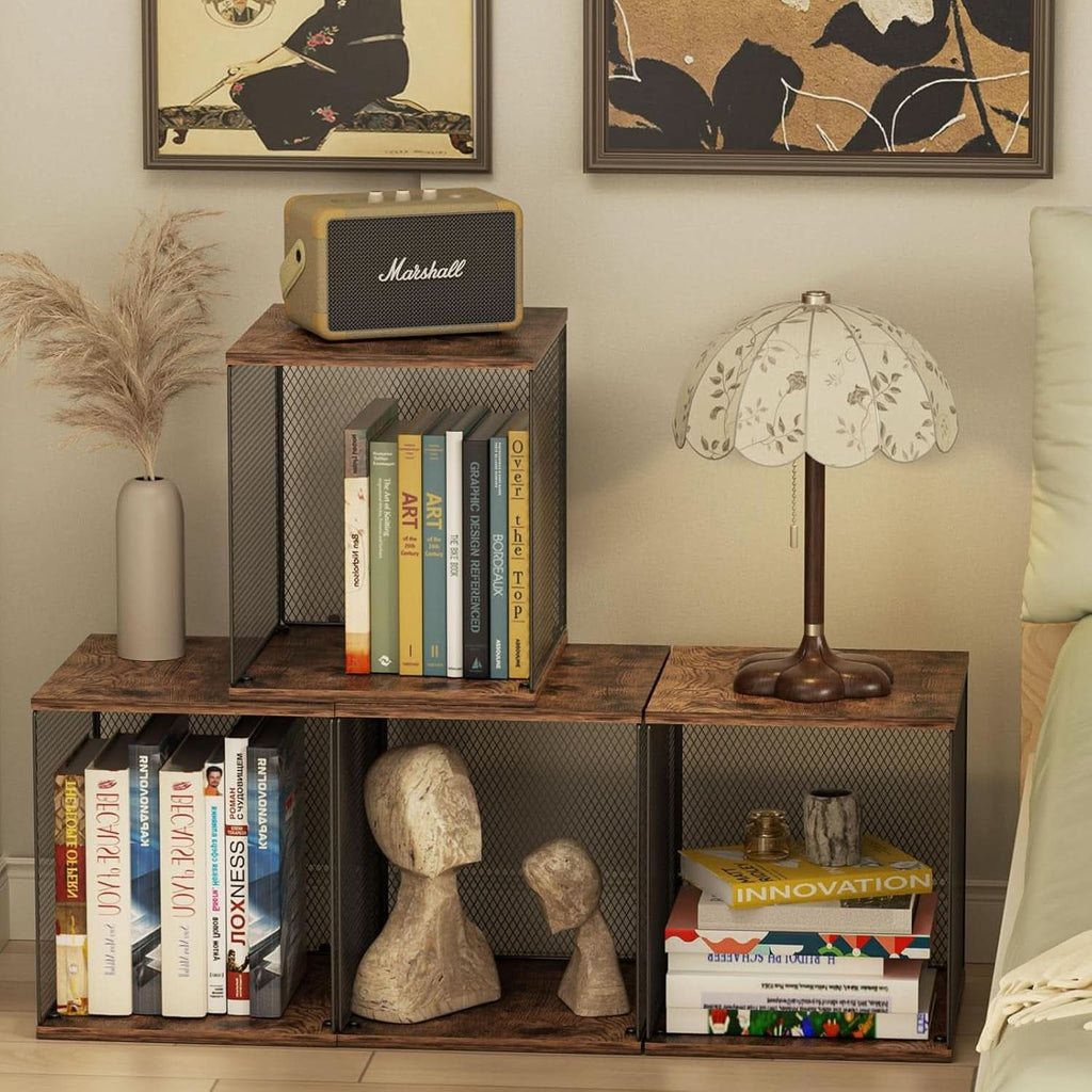 2 Cube Stackable Book Shelves Organizer Black Brown Wood For Kids Rooms And Living Spaces