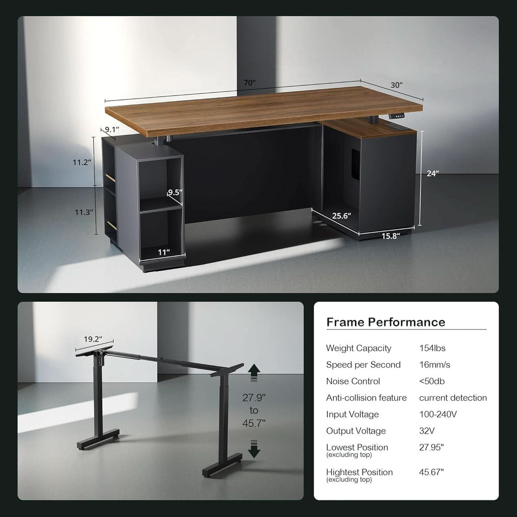 71-Inch Walnut Height-Adjustable Standing Desk with Cabinets