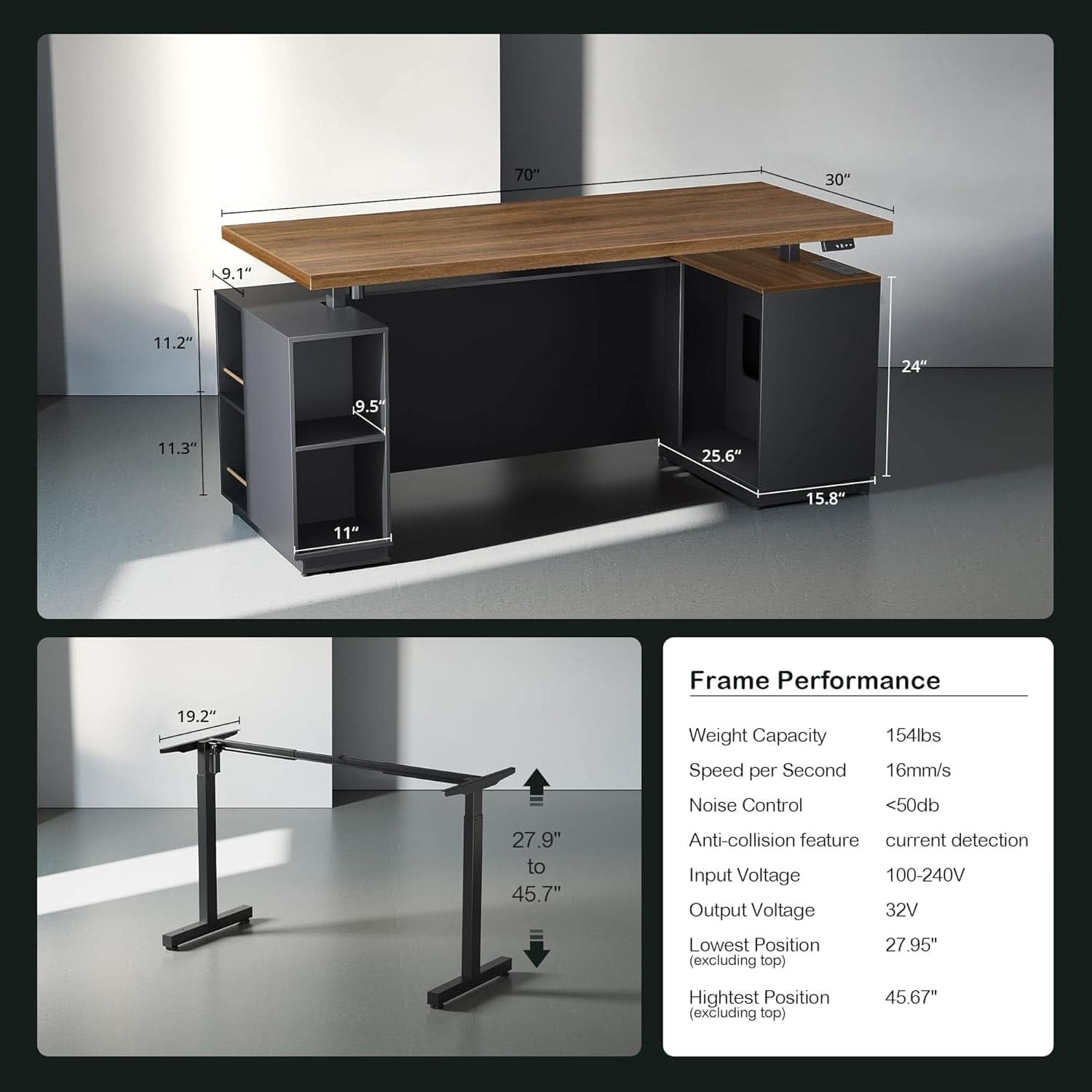 71-Inch Walnut Height-Adjustable Standing Desk with Cabinets