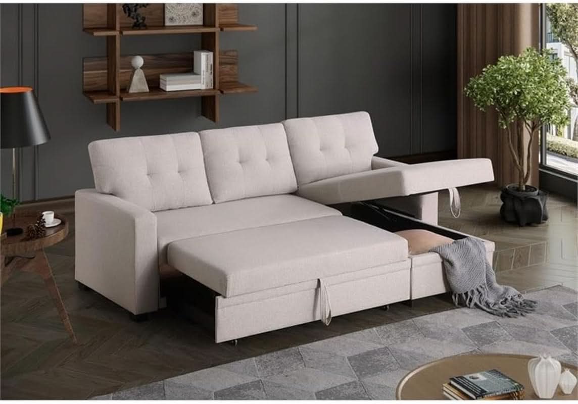 Beige L-Shaped Convertible Sleeper Sectional