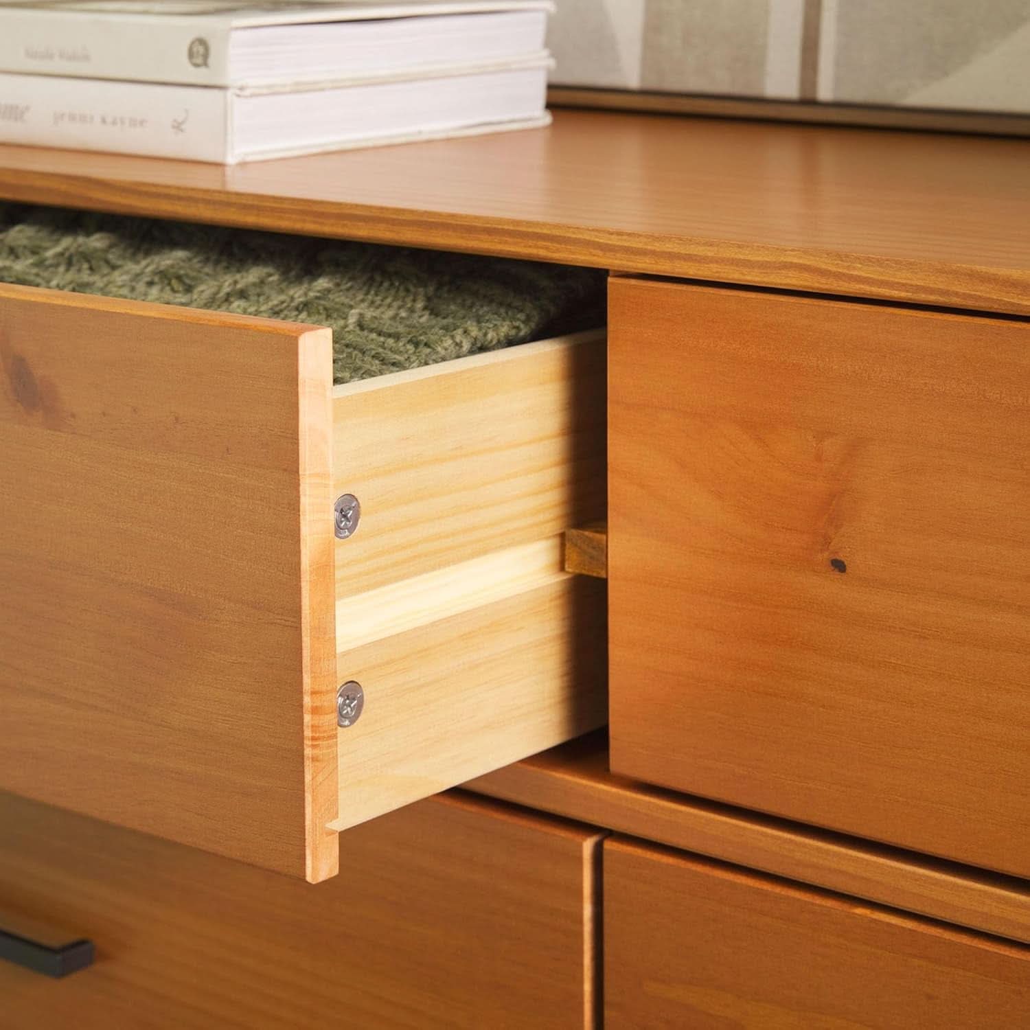 Walker Edision 6-Drawer Dresser In Solid Pine Wood With Metal Handles Caramel