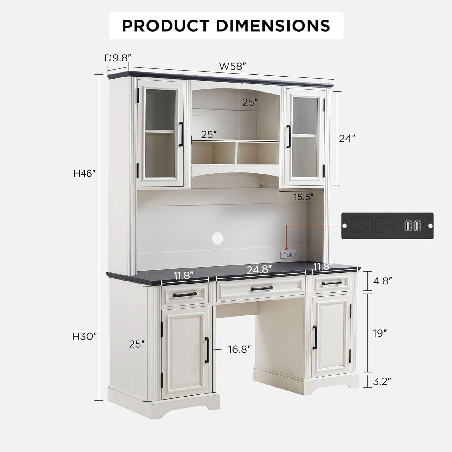 76-Inch Farmhouse Desk Hutch in Off White