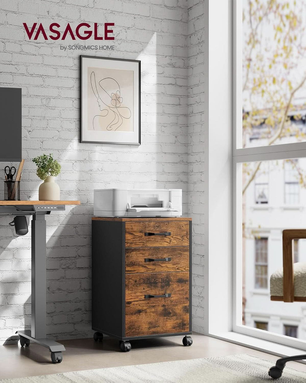 Three Drawer File Cabinet With Wheels For A4 And Letter Documents Rustic Brown
