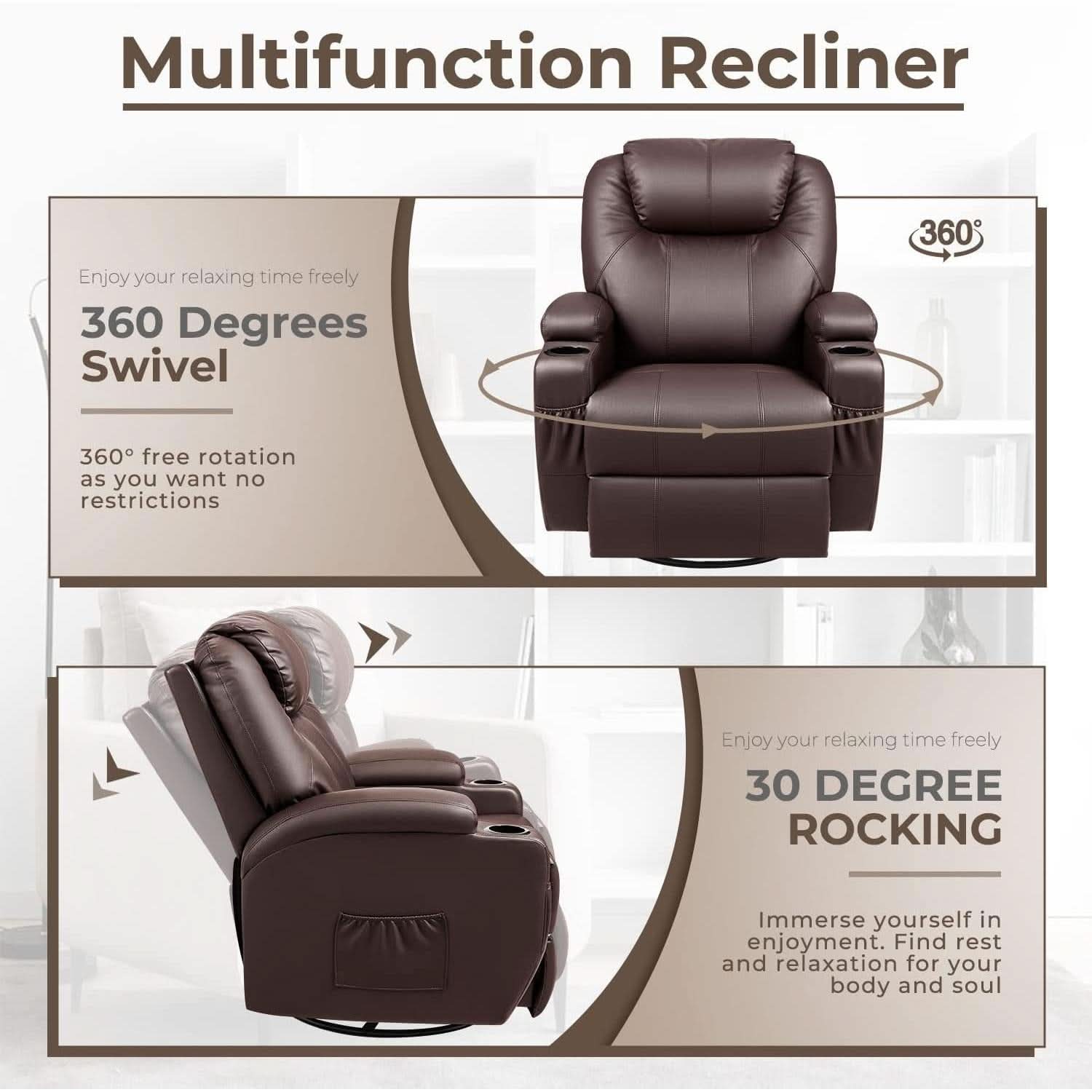 PU Leather Recliner Chair With Massage And Heat Brown