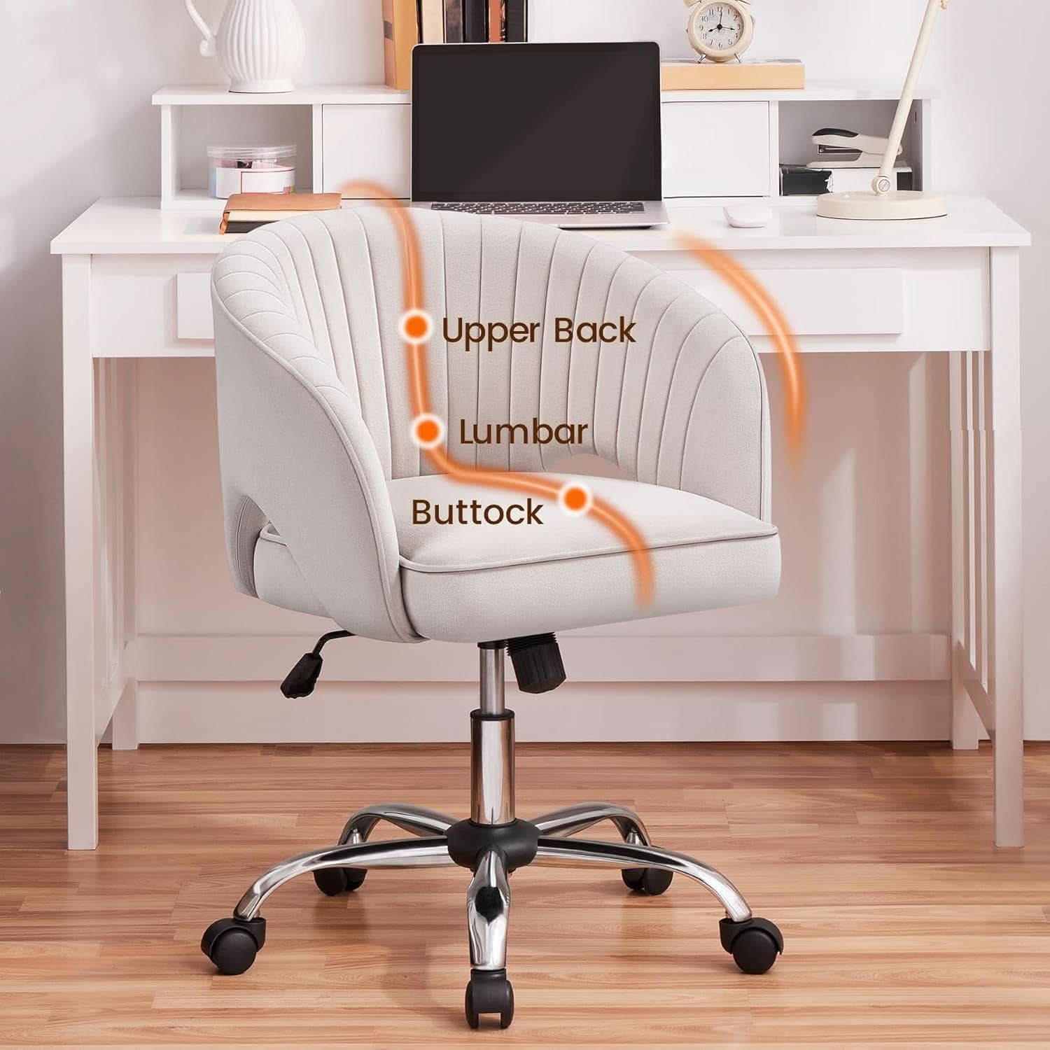 Cream Velvet Swivel Desk Chair With Wheels Tufted Back