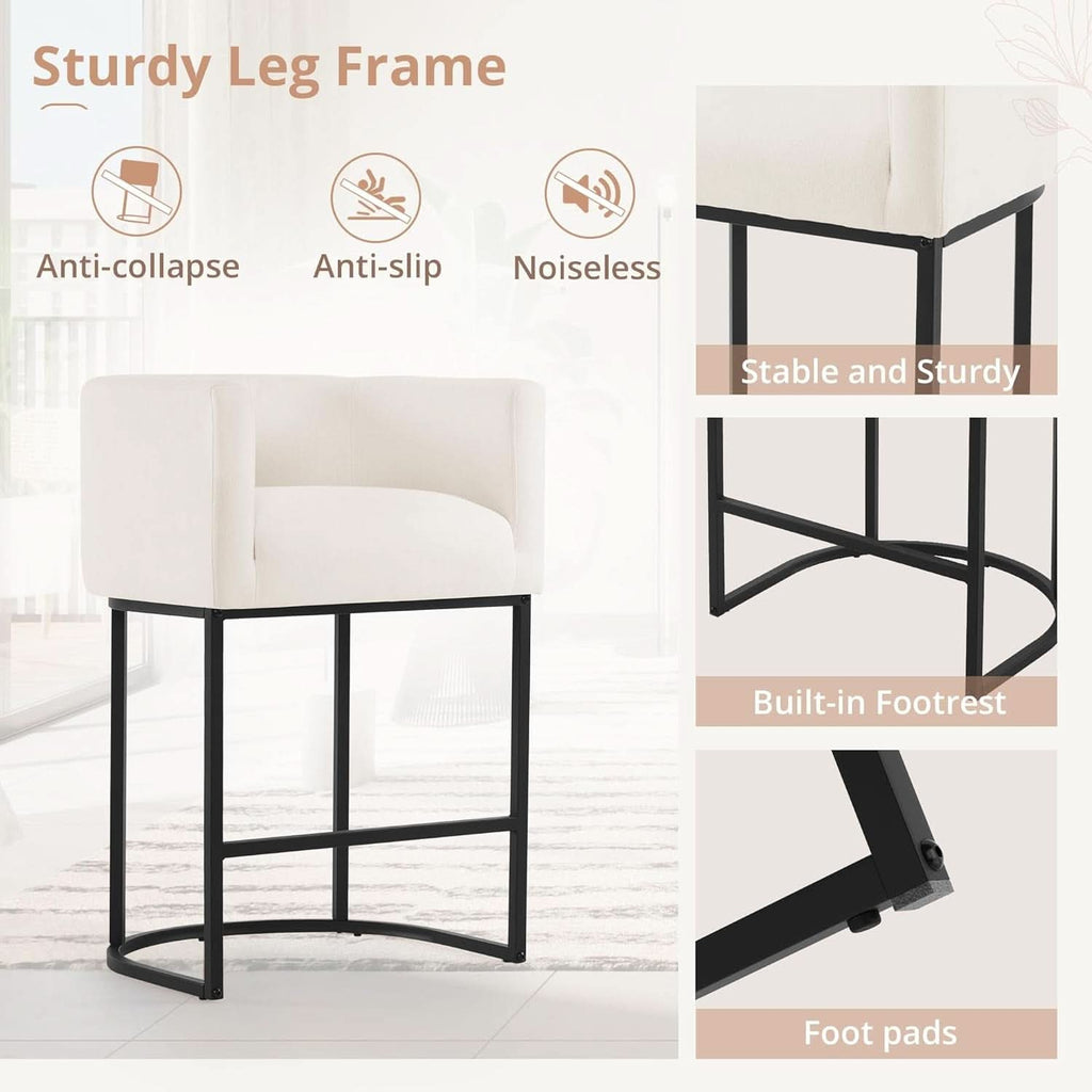 27 Inch Counter Height Bar Stools Set Of 2 With Backrest And Armrests Beige Linen Upholstery Black Metal Frames