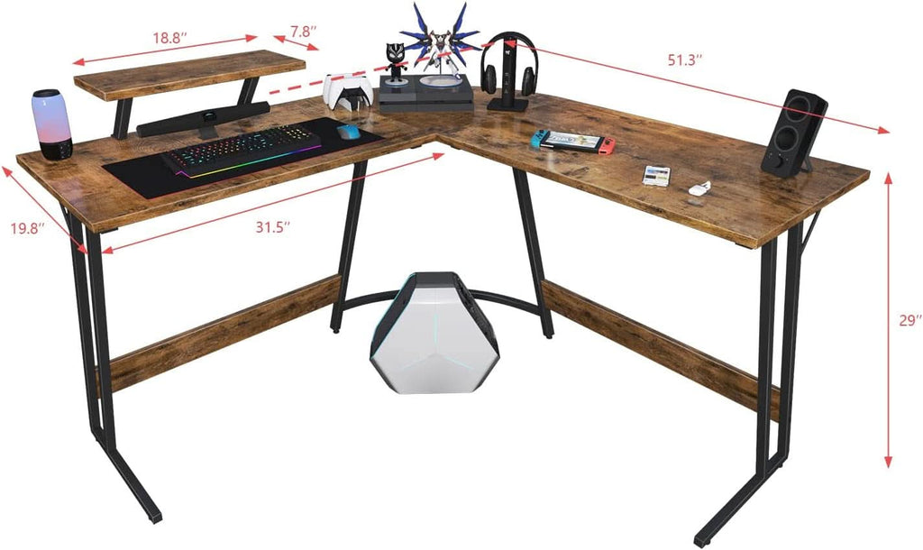 L Shaped Gaming Desk 51 Inch With Monitor Riser Brown