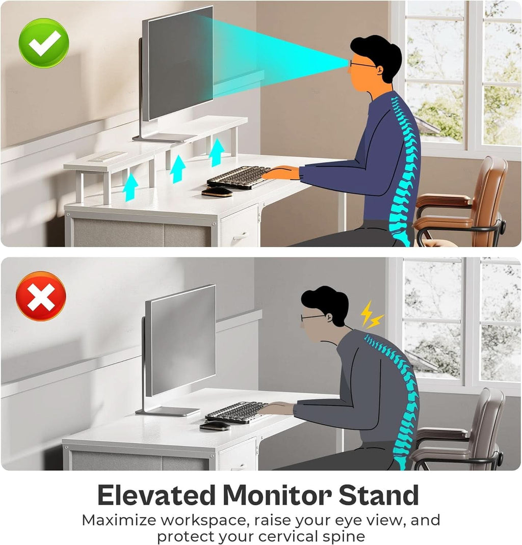 47 Inch LED Gaming Desk With Power Outlets White Drawers