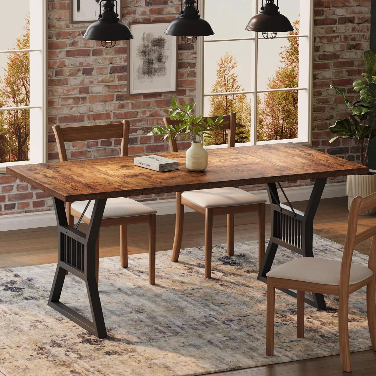 70.8 Inch Farmhouse Dining Table With Heavy Duty Metal Legs