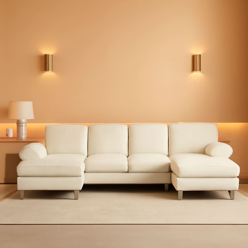 U Shape Sectional Sofa 111 Inch Beige Chenille Convertible