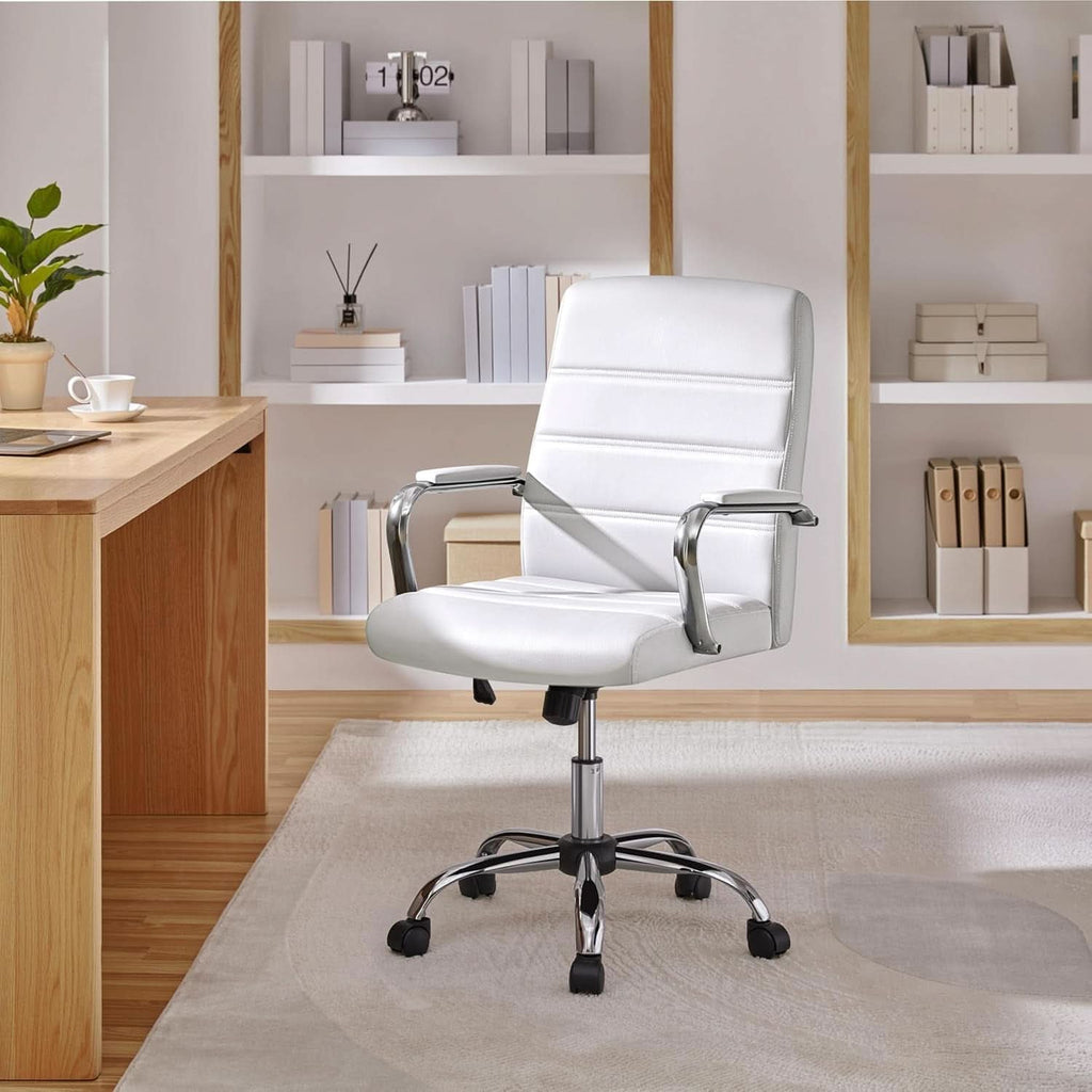 White Leather Ergonomic Office Chair With Height Adjustment