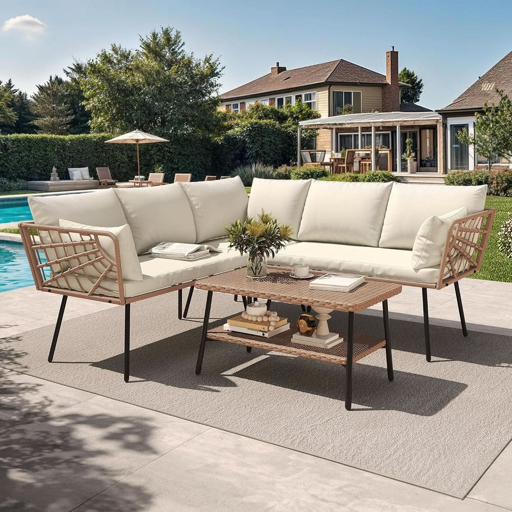 L-Shaped Outdoor Sofa Set with Thick Cushions