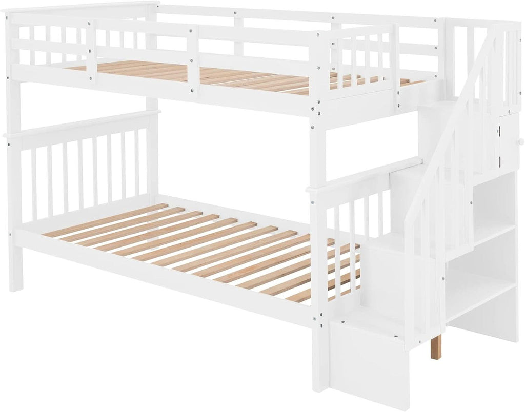 Twin Over Twin Bunk Bed With Stairs Solid Wood White