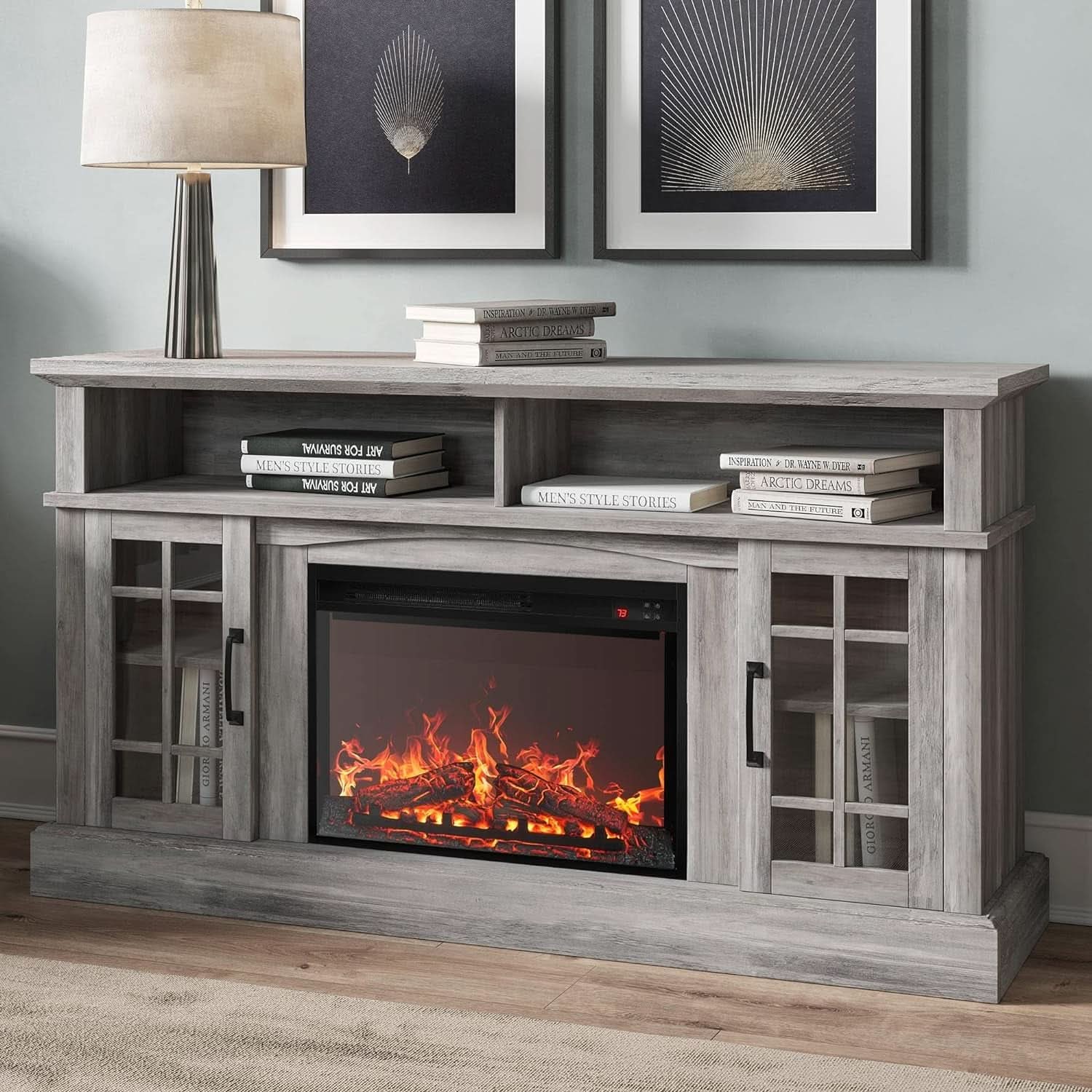 58 Inch Rustic TV Stand With Electric Fireplace And Storage