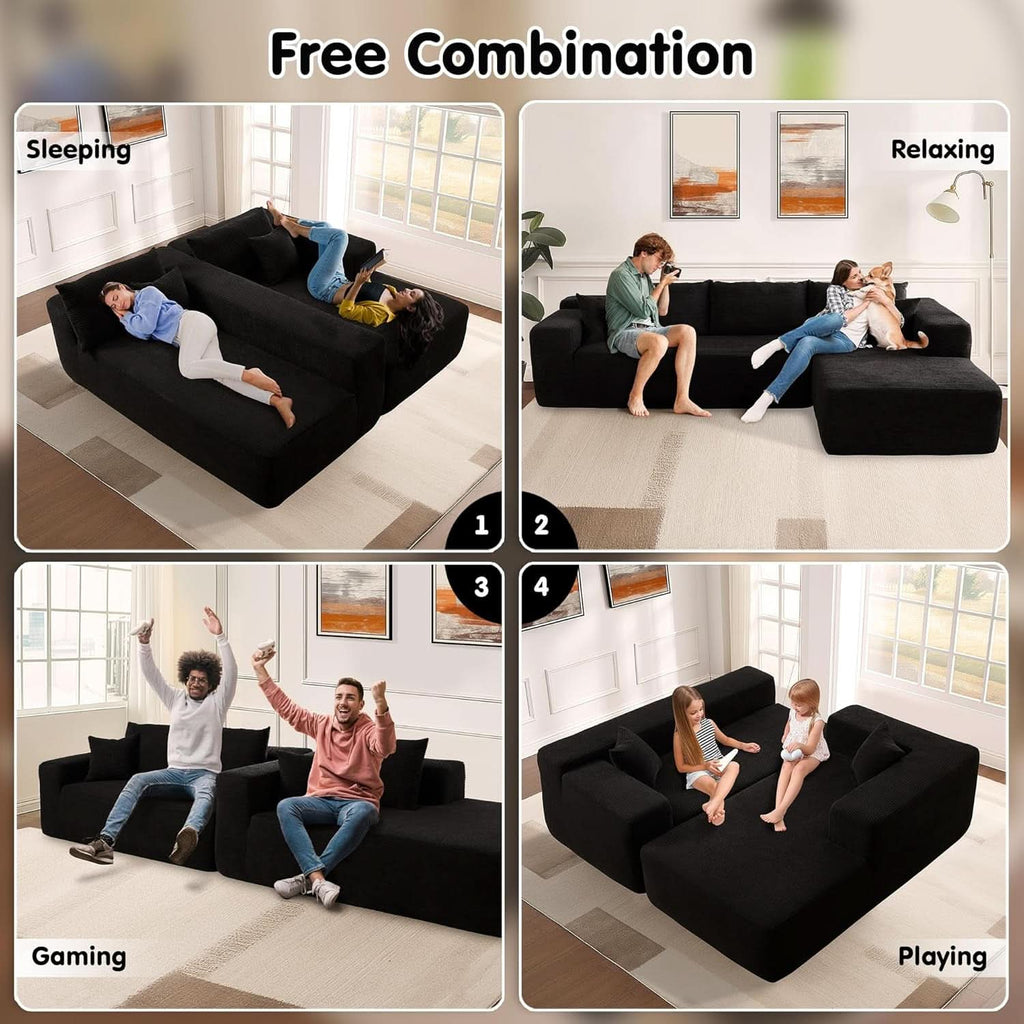 Black Corduroy L-Shaped Sectional Sofa