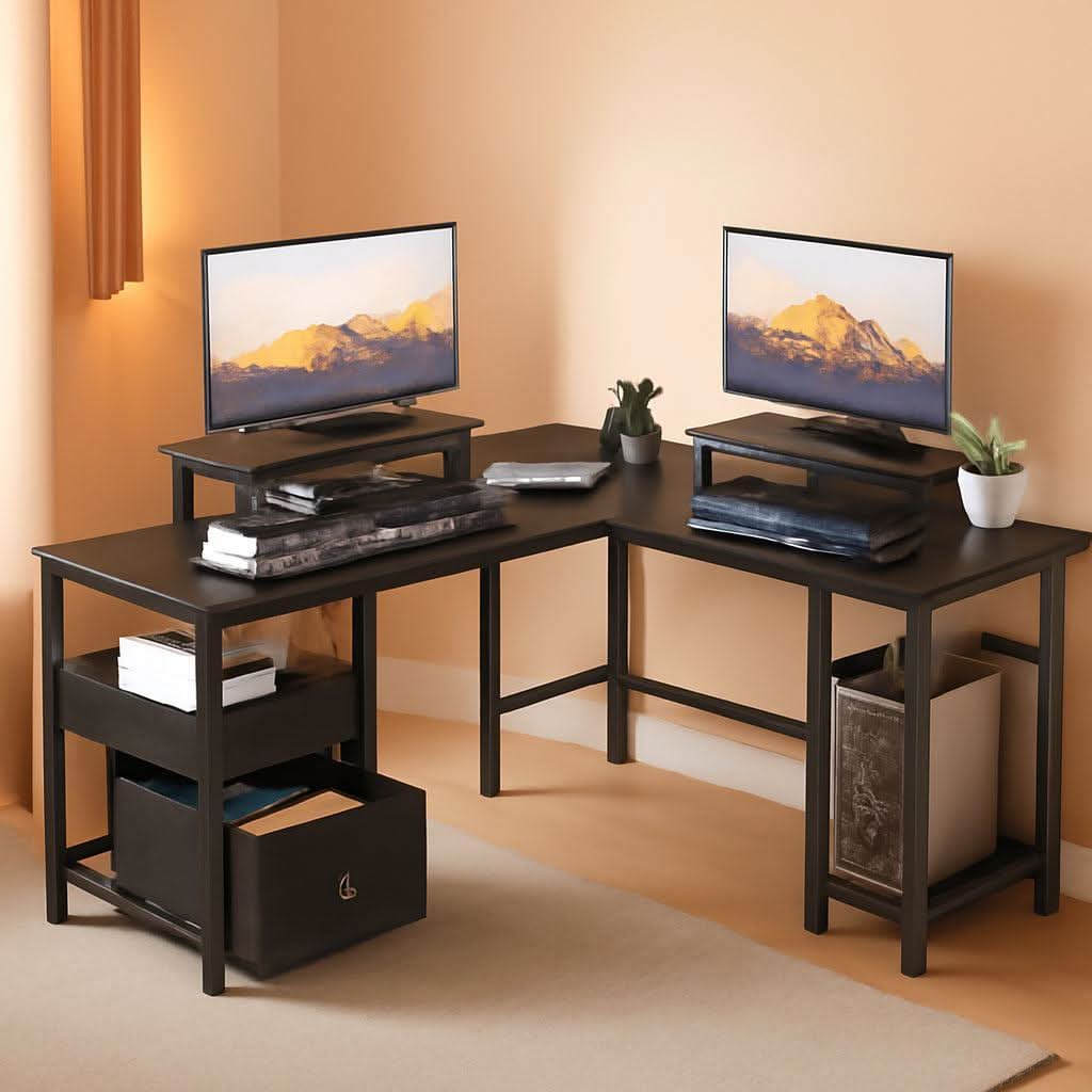 59-Inch L-Shaped Desk with Black Storage Drawers