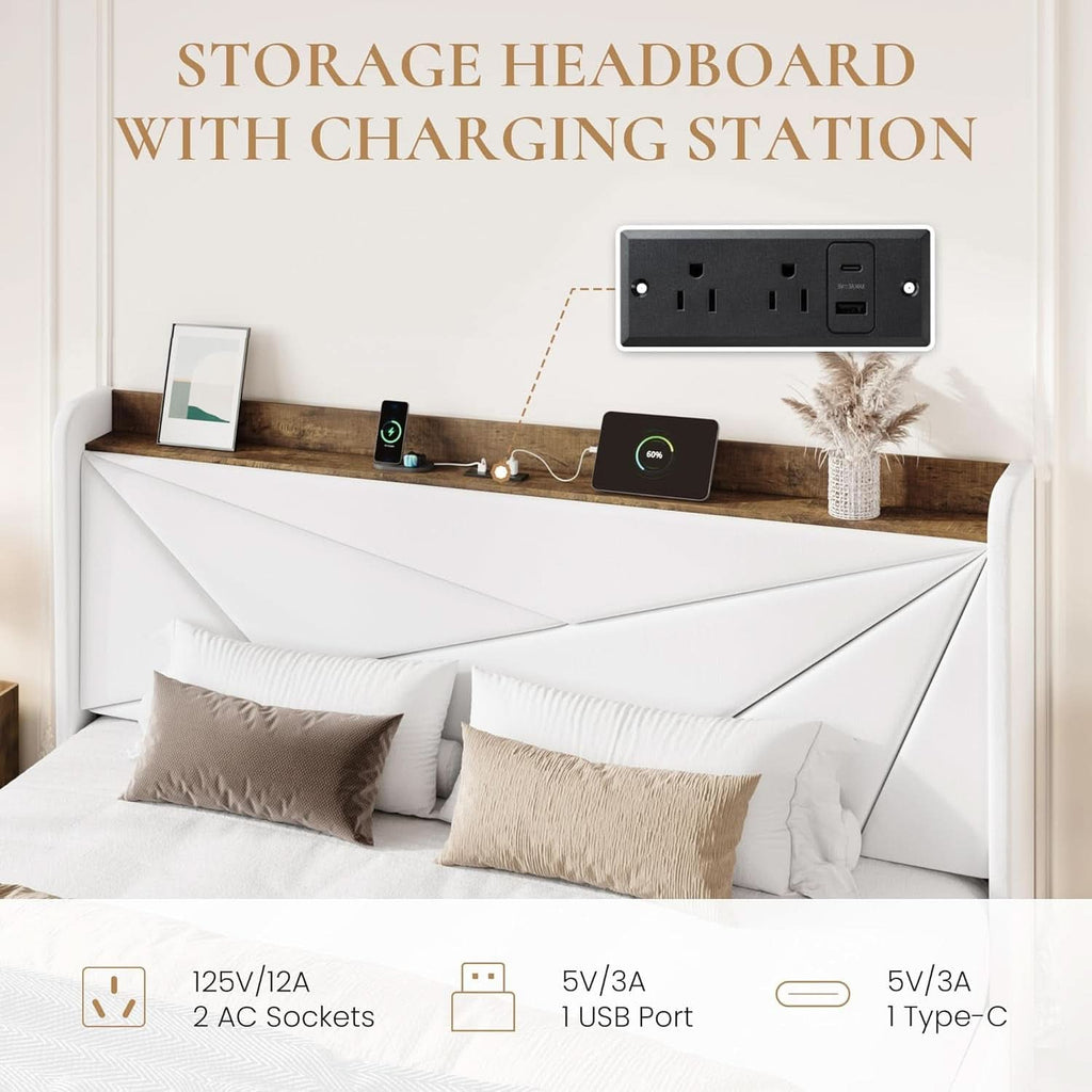 White Velvet Upholstered Bed Frame With USB Type C Ports