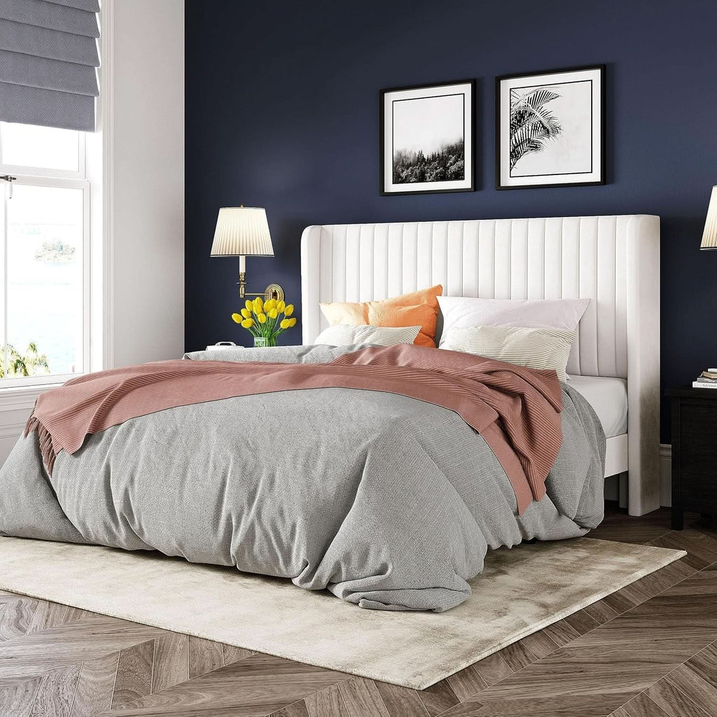 White Velvet Full Bed Frame With Wingback Tufted Headboard