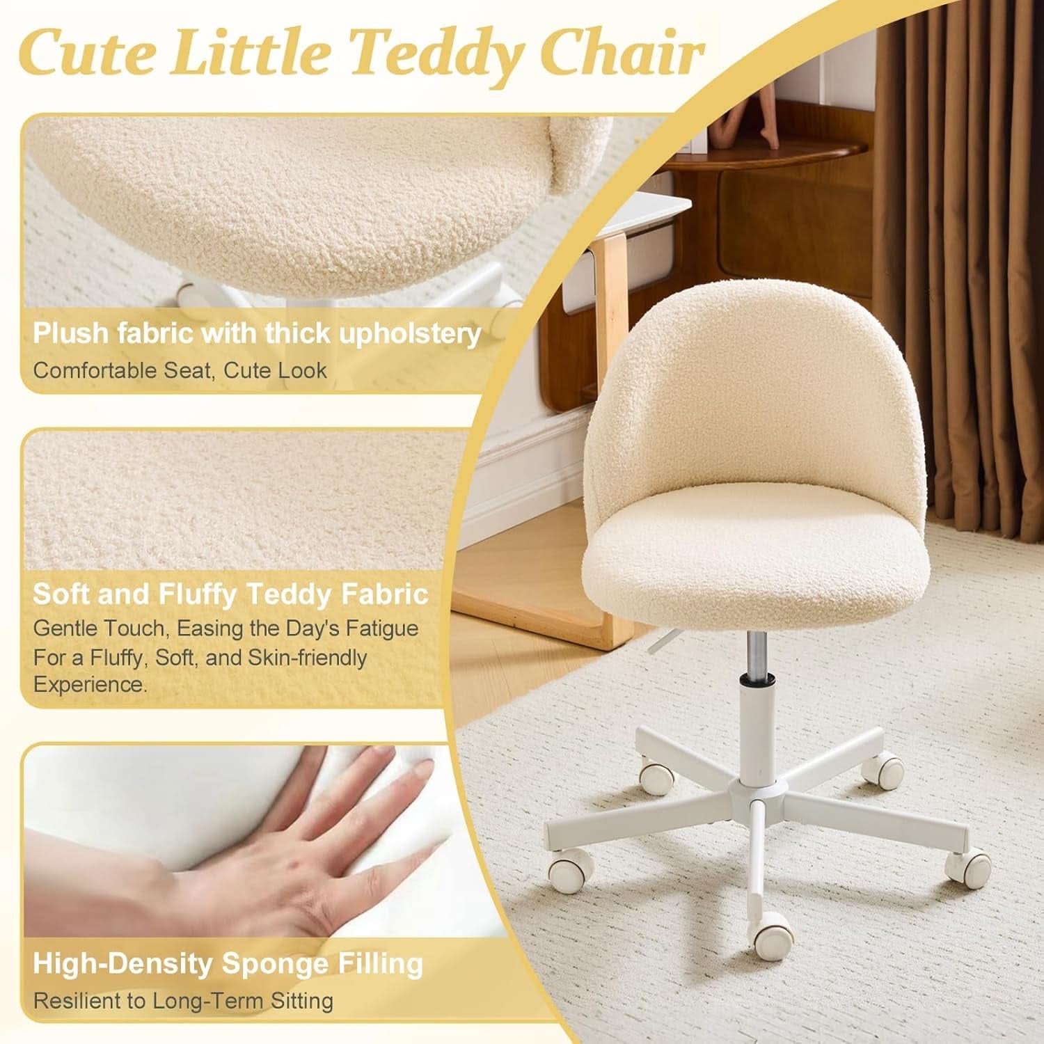 Armless Creamy Beige Teddy Fleece Office Desk Chair With Wheels
