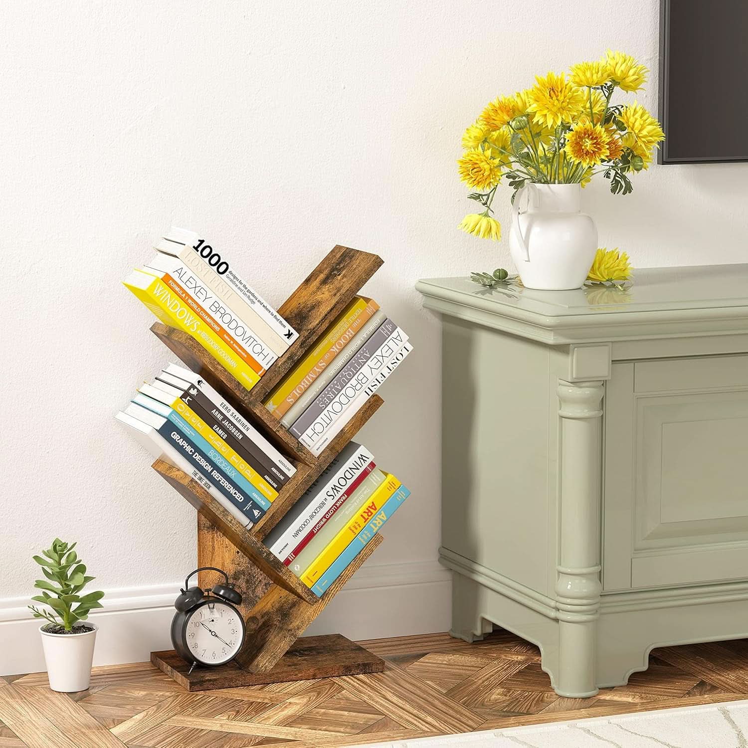 Rustic Brown 4 Tier Tree Bookshelf Free Standing Living Room