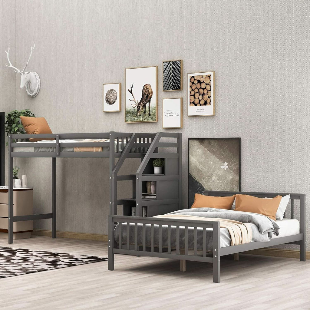 Gray Twin Over Full Bunk Bed With Storage Stairs Solid Wood
