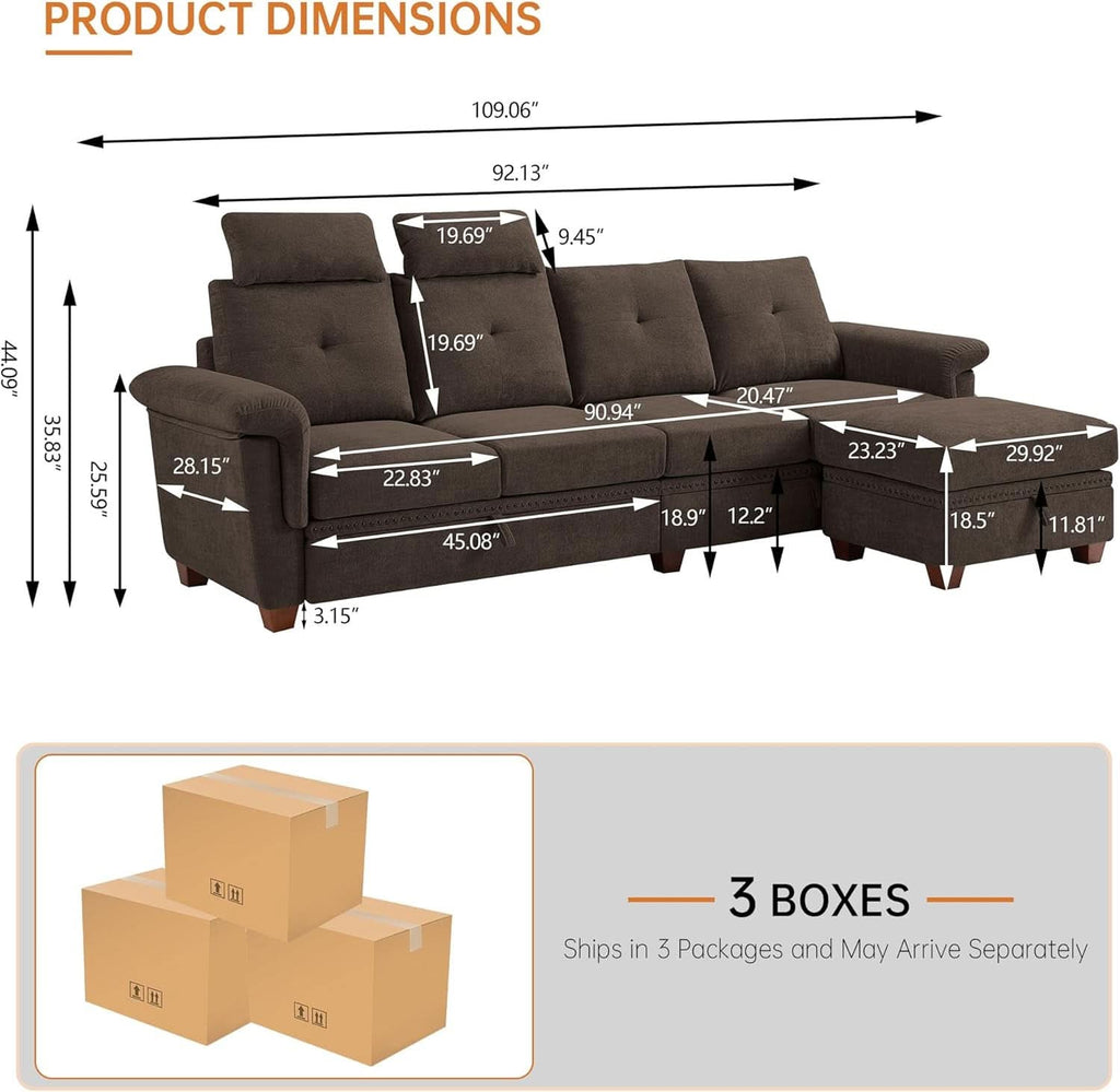 110-Inch Convertible Sectional Sofa with Storage